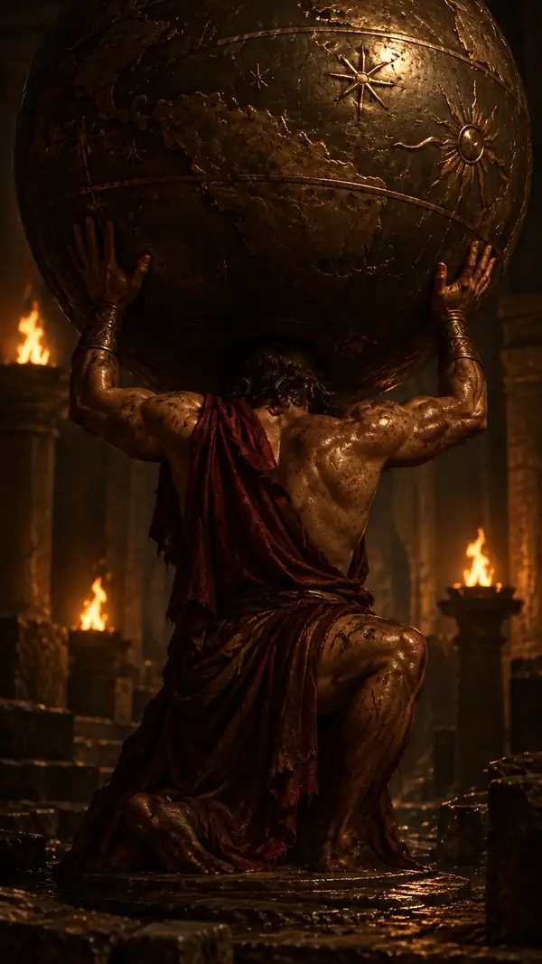 Eine dramatische Szene aus der antiken griechischen Mythologie in warmem bronzefarbenem Licht.
