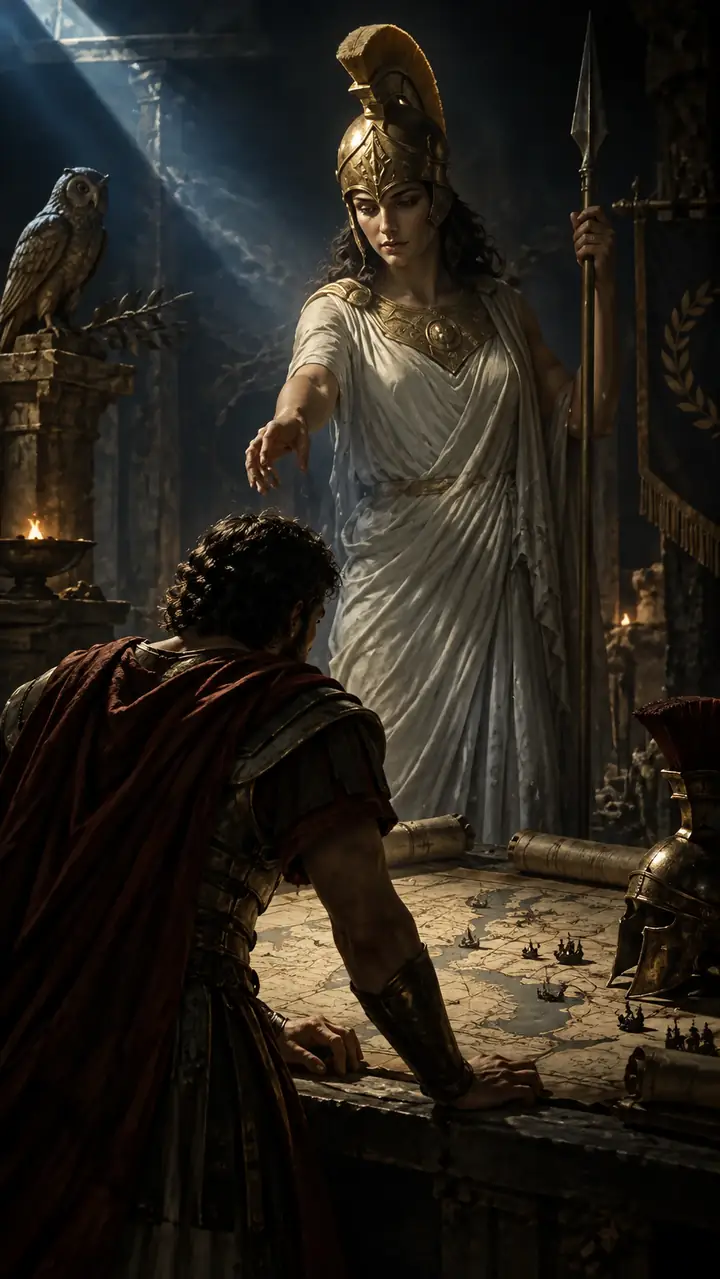 Eine dramatische mythologische Szene mit Athena in einer düsteren, filmischen Kulisse.
