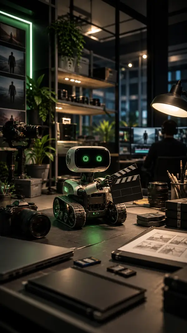 Ein kleiner Roboter in einer modernen Technikwerkstatt.