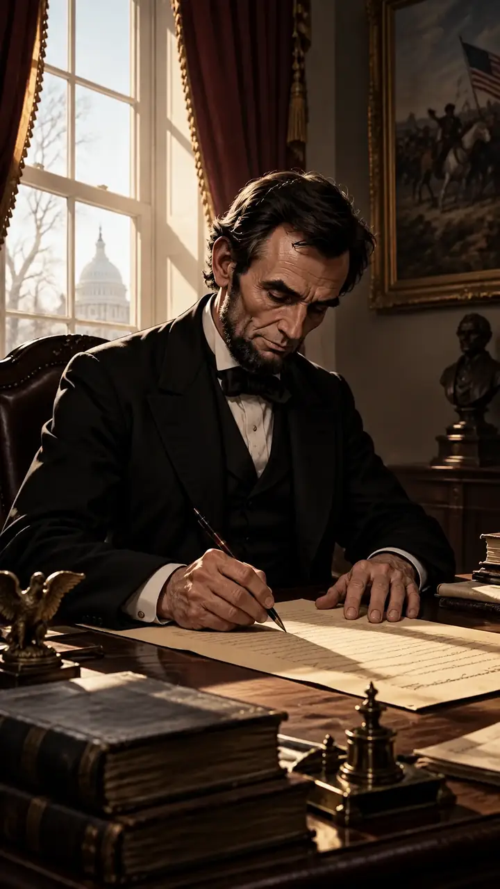 Abraham Lincoln schreibt in einer historischen Szene an einem Schreibtisch neben einem sonnenbeschienenen Fenster.