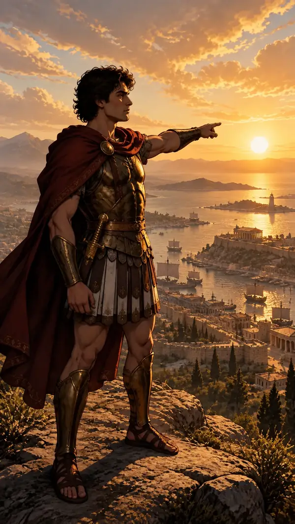 Alexander der Große blickt bei Sonnenuntergang über eine Landschaft.